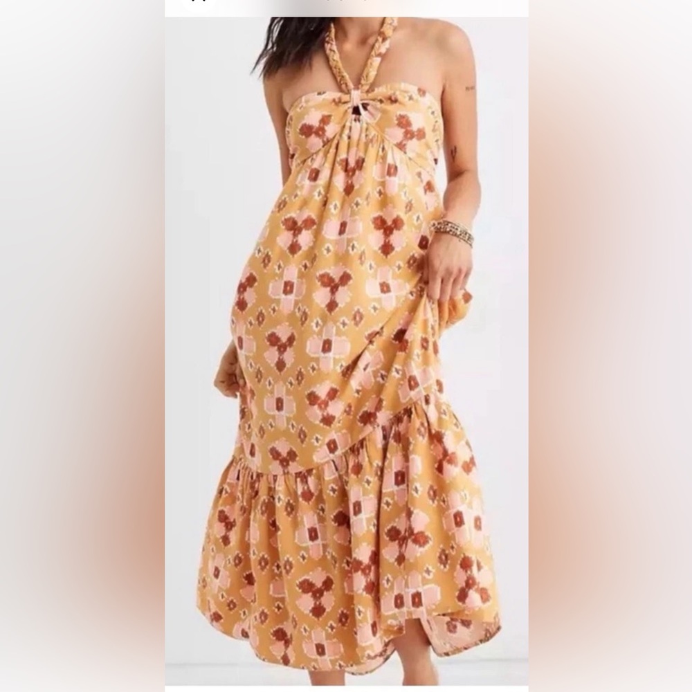 Aerie Linen Lyocel Southwest Aztec Hi‎ Low Halter Mustard Yellow Maxi Dress